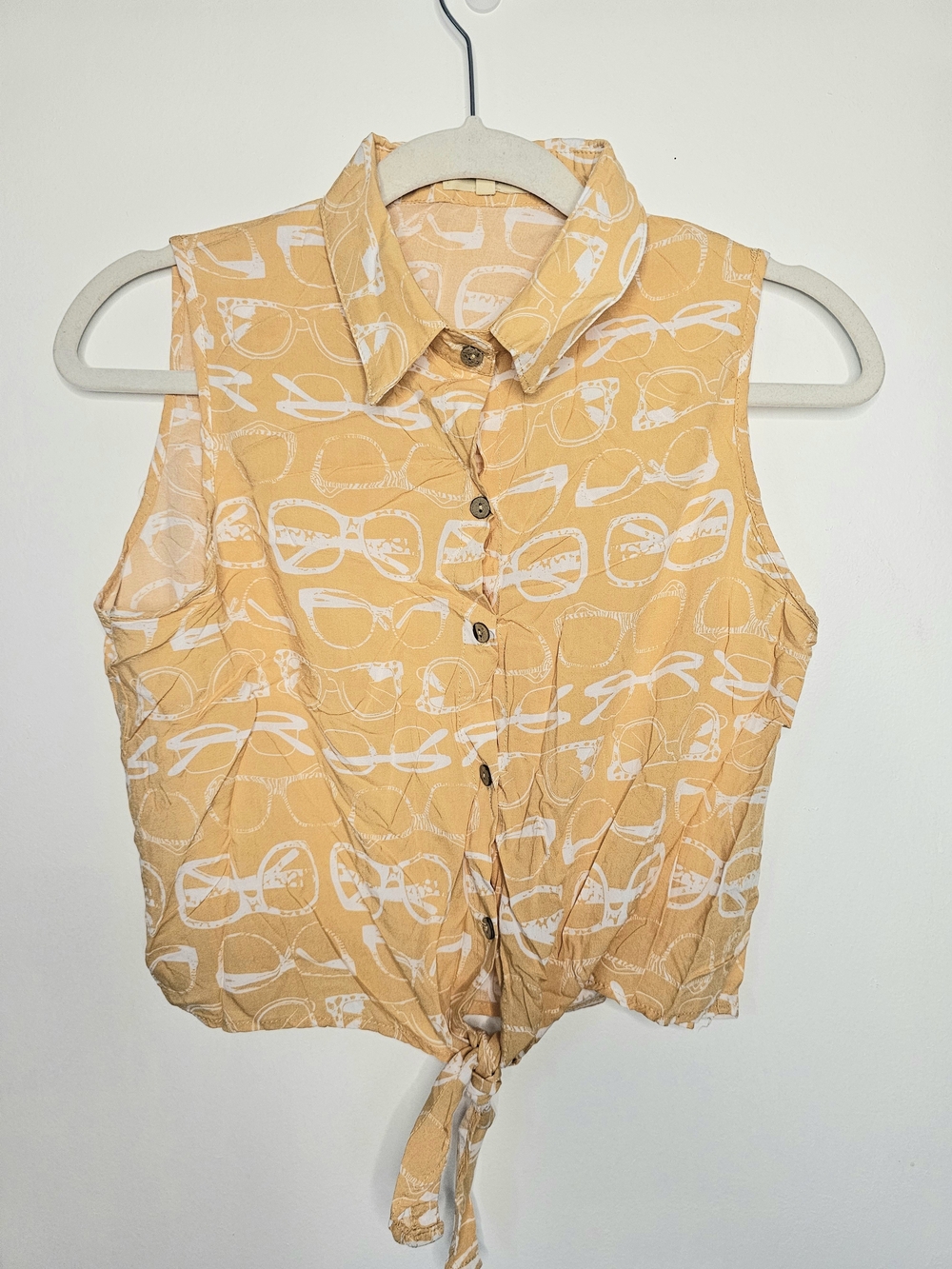 Love Notes Mustard Yellow Sunglasses Print Tie Front Blouse